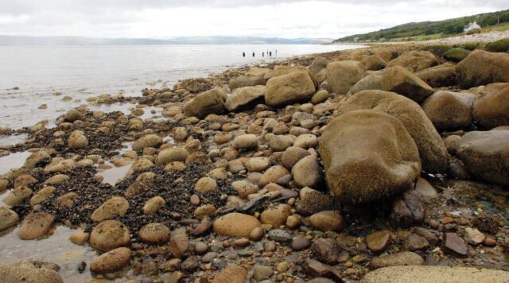 Foreshore south of Pirnmill These boulders and pebbles, uncovered at low tide, are surprisingly slippery, and although only a short distance from the road require some care to reach this vantage point at the water's edge. Note the outcrop of mussels to the lower left of the picture.