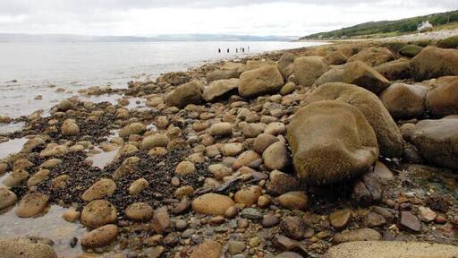 Foreshore south of Pirnmill These boulders and pebbles, uncovered at low tide, are surprisingly slippery, and although only a short distance from the road require some care to reach this vantage point at the water's edge. Note the outcrop of mussels to the lower left of the picture.