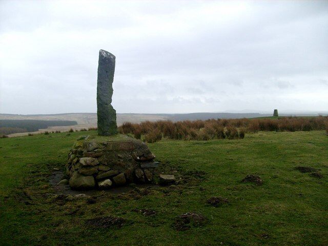 A standing stone monument in a grassy field with a cloudy sky.