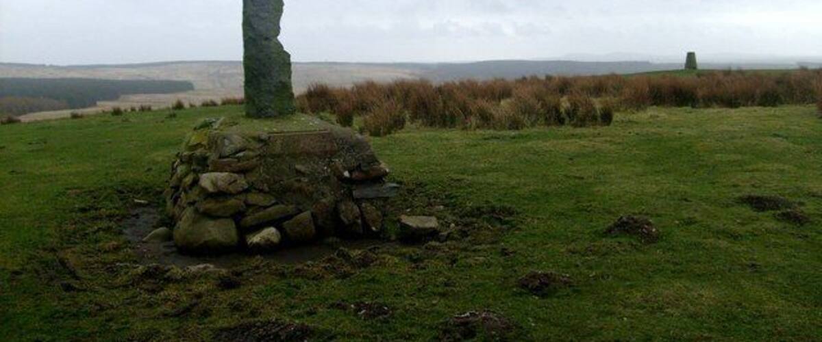 A standing stone monument in a grassy field with a cloudy sky.