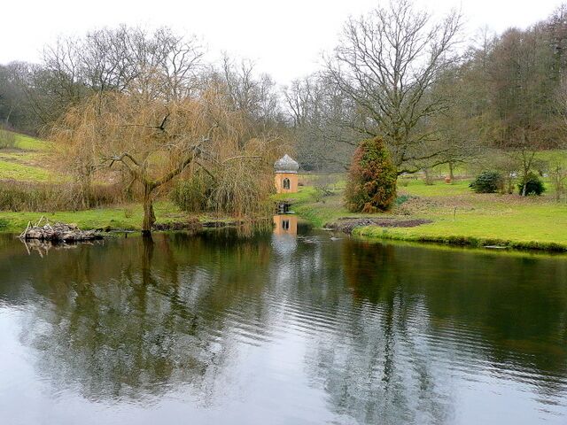 Ornamental pond at Penmill Farm View west from the Stour Valley Way.