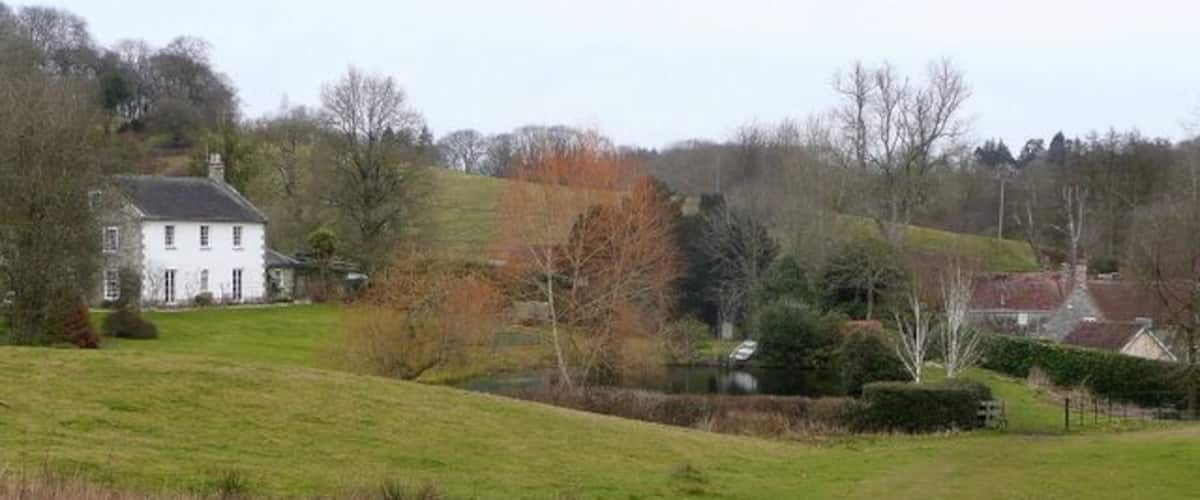 A grassy field with a white house, trees, and a small body of water.