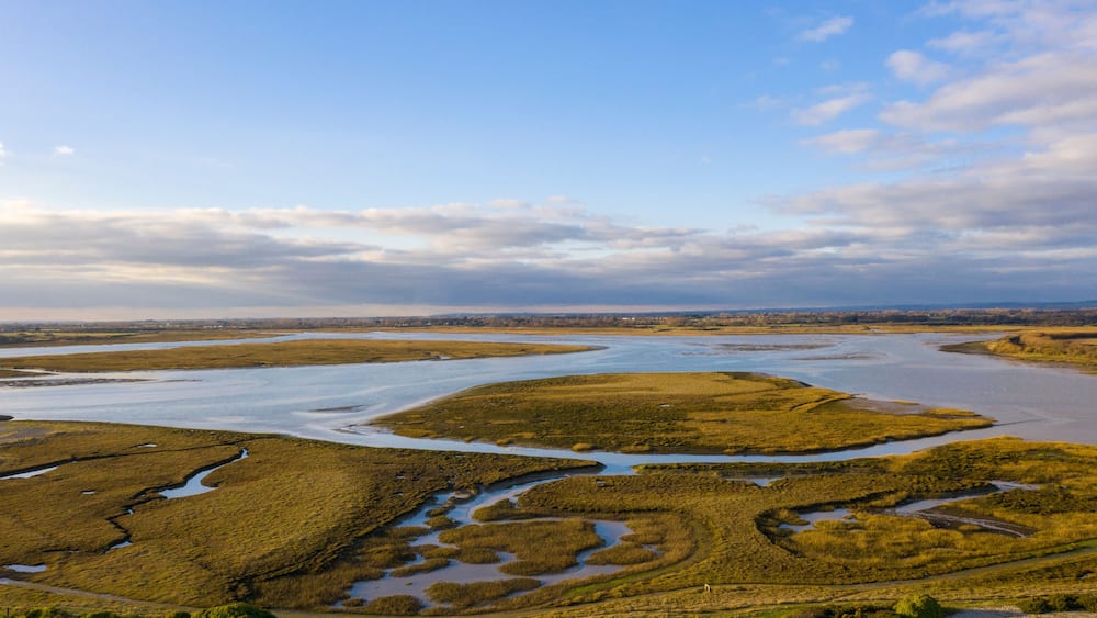 Pagham Harbour a nature reserve aerial view from the beach on a clear and beautiful day in January.