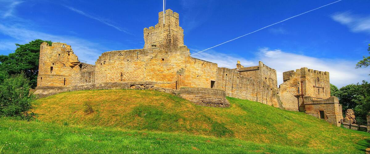 A historic stone castle with a flag on top, surrounded by green grass and trees under a clear blue sky.