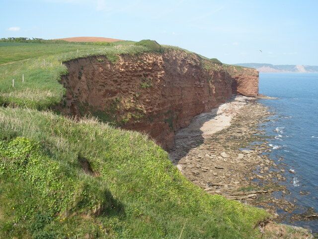 A coastal cliff with a steep drop into the sea, grassy areas, and distant hills.