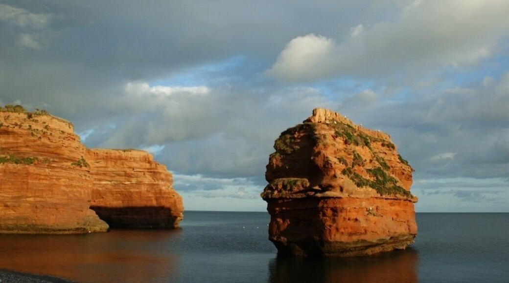 Sandstone cliffs of Triassic age at Ladram Bay near Otterton in Devon, England.