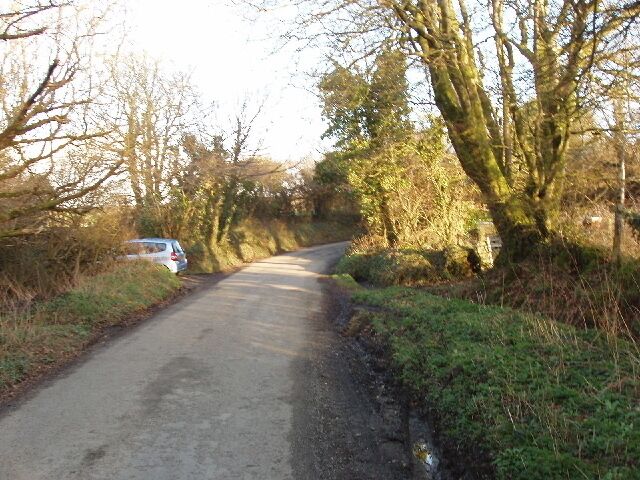 A narrow rural road flanked by trees and vegetation.