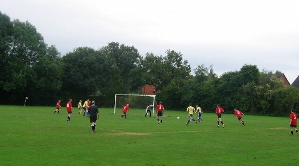 Orleton playing fields. "Olton" vrs The Bell (A Leominster pub side, in yellow). There is a large sports field behind the village hall. Some of the newer houses can be seen behind the goal.