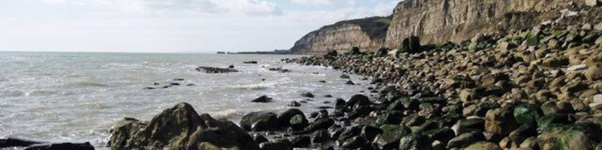 Una costa rocosa con acantilados y olas.