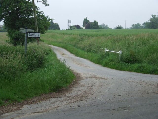 A rural road curving through a field with directional signs for Occlo and Thordon.