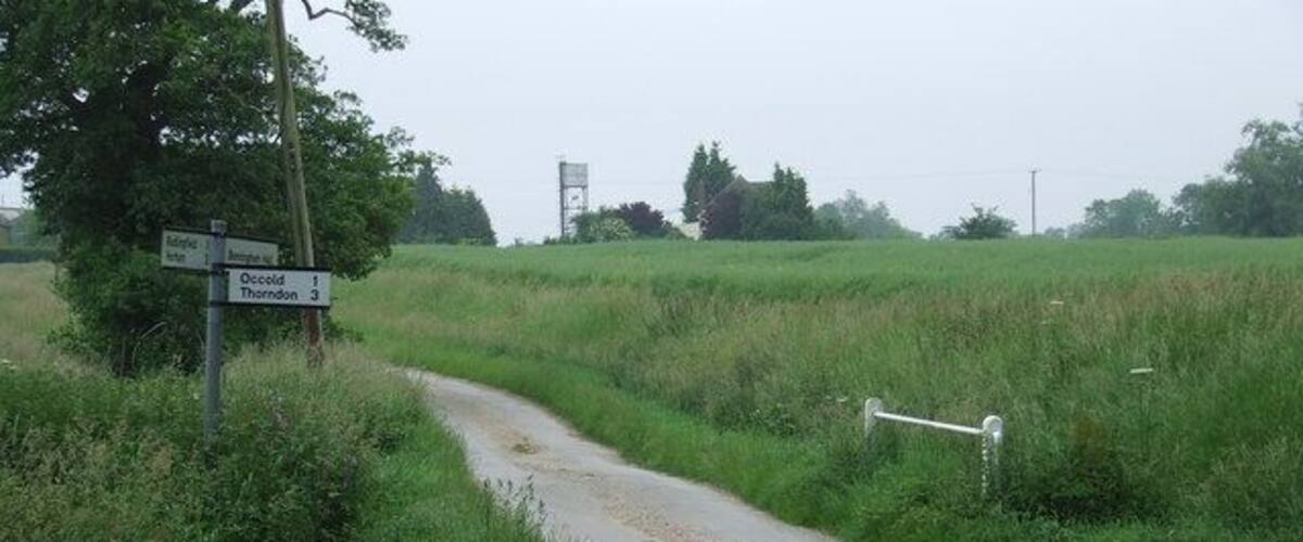A rural road curving through a field with directional signs for Occlo and Thordon.