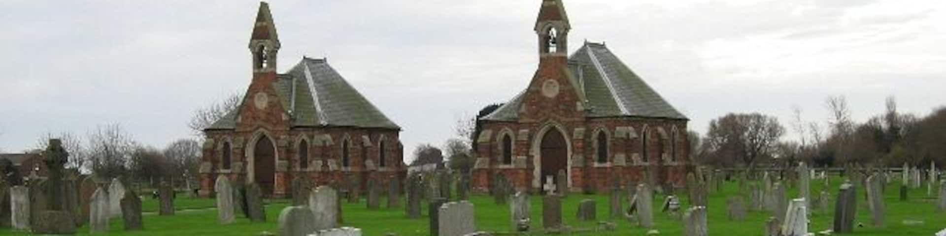 The Cemetery At North Somercotes With distinctive twin chapels. Appropriately, located on Cemetery Road.