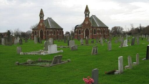 The Cemetery At North Somercotes With distinctive twin chapels. Appropriately, located on Cemetery Road.