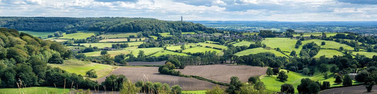 Stinchcombe Hill looking towards the Tyndale Monument and North Nibley, The Cotswolds, Gloucestershire, England, United Kingdom.