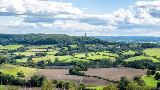 Stinchcombe Hill looking towards the Tyndale Monument and North Nibley, The Cotswolds, Gloucestershire, England, United Kingdom.