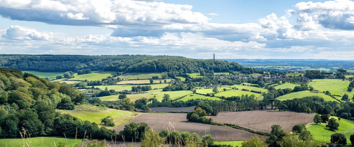 Rolling green hills, a distant windmill, and a village in the valley.
