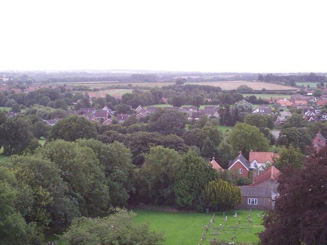 St Mary, North Elmham View looking south from top of church tower. Cathedral Drive and Brookside estate in middle distance.