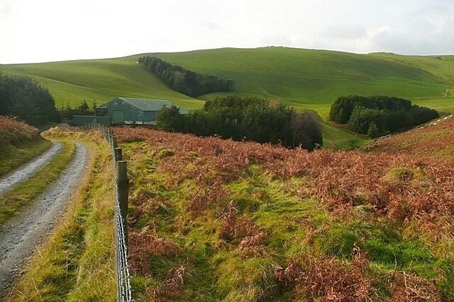 Un paysage rural caractérisé par des collines douces, un chemin de gravier et une ferme.