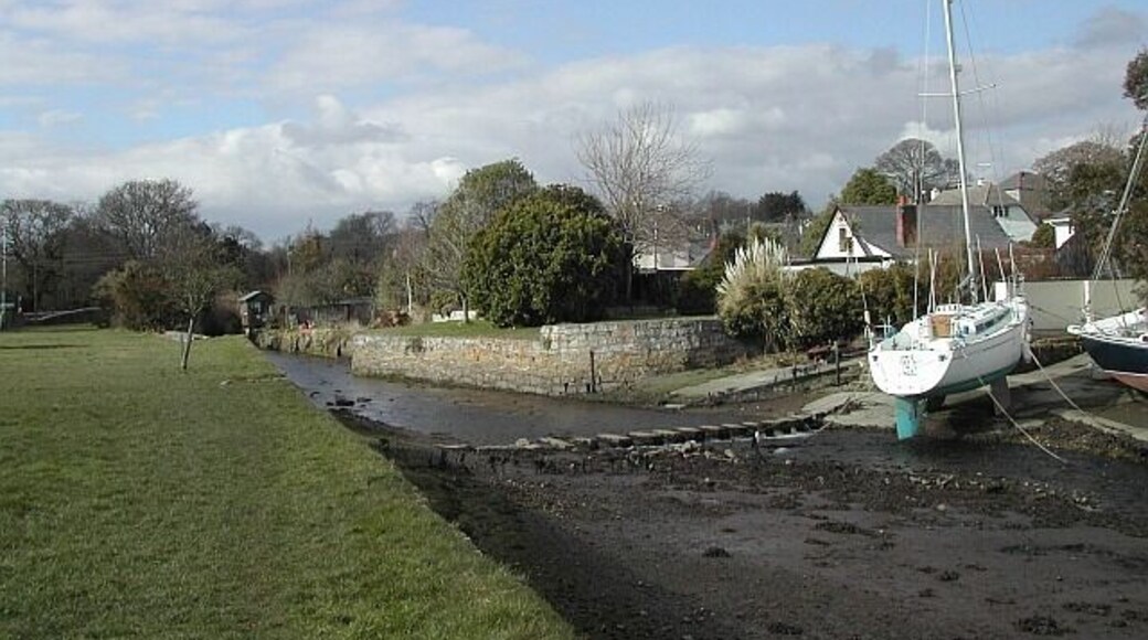 Stepping stones across Mylor Creek The stepping stones provide a short-cut (at low tide) from Trevellan Road to the recreation ground and Waterings Road. Oddly, the path across the recreation ground is recorded as a public footpath, but the stepping stones and passage to Trevellan Road are not: or at least, this would be odd anywhere but in Cornwall, where this sort of anomaly is routine.