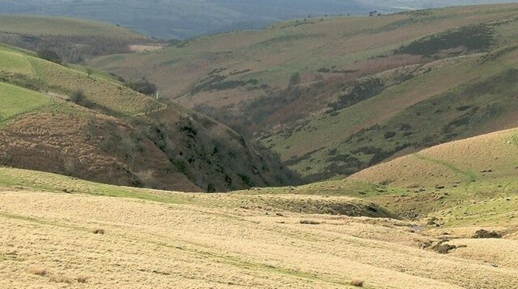 Clydach Valley west of the Usk Reservoir. This is a view northeast down the valley of the clydach river, from the road to the south.
