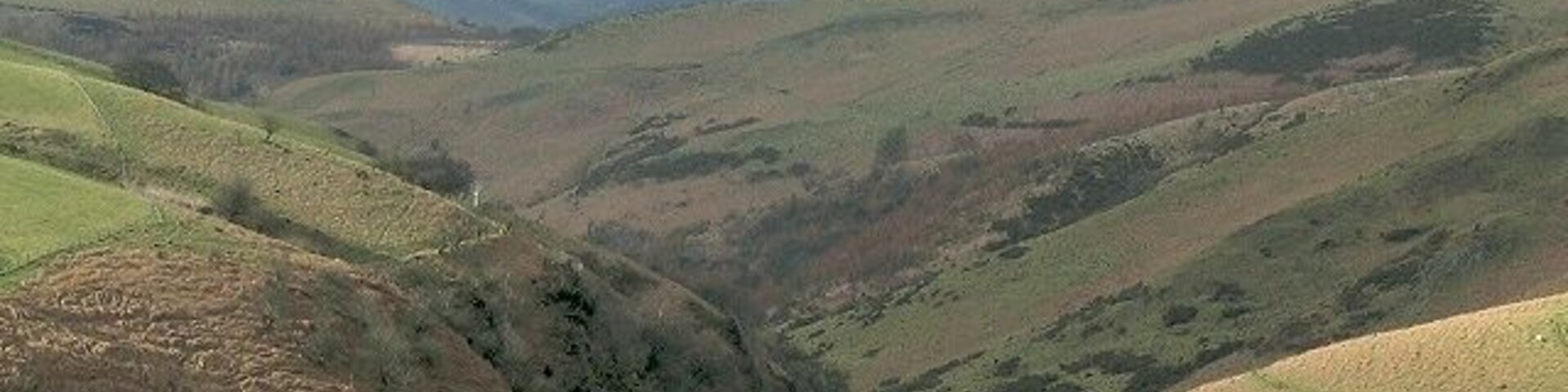 Clydach Valley west of the Usk Reservoir. This is a view northeast down the valley of the clydach river, from the road to the south.
