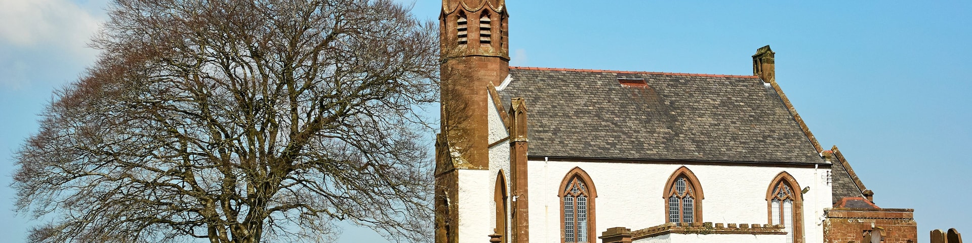Una iglesia con una torre alta y un árbol grande en primer plano.