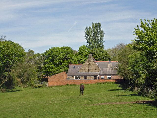 A rural landscape with a brick house, green field, and a horse.