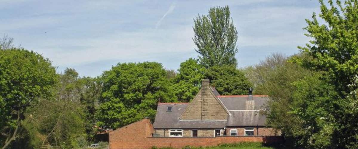 A rural landscape with a brick house, green field, and a horse.