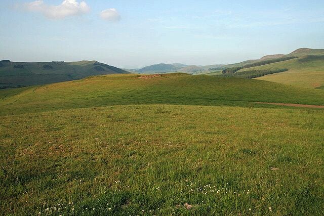 Rolling green hills with a dirt path.