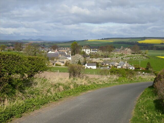 Morebattle village seen from a road section of the St.Cuthbert's Way