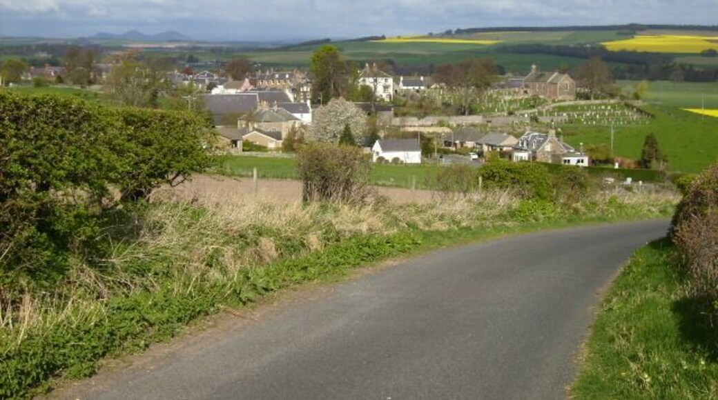 Morebattle village seen from a road section of the St.Cuthbert's Way