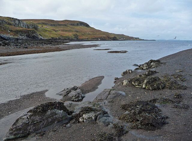 Mouth of the Hamara River Where the river that drains Glen Dale reaches the sea in Loch Pooltiel.
