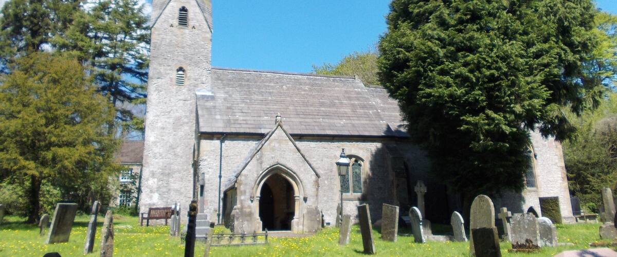 A church with a tall tower and a large tree in front.