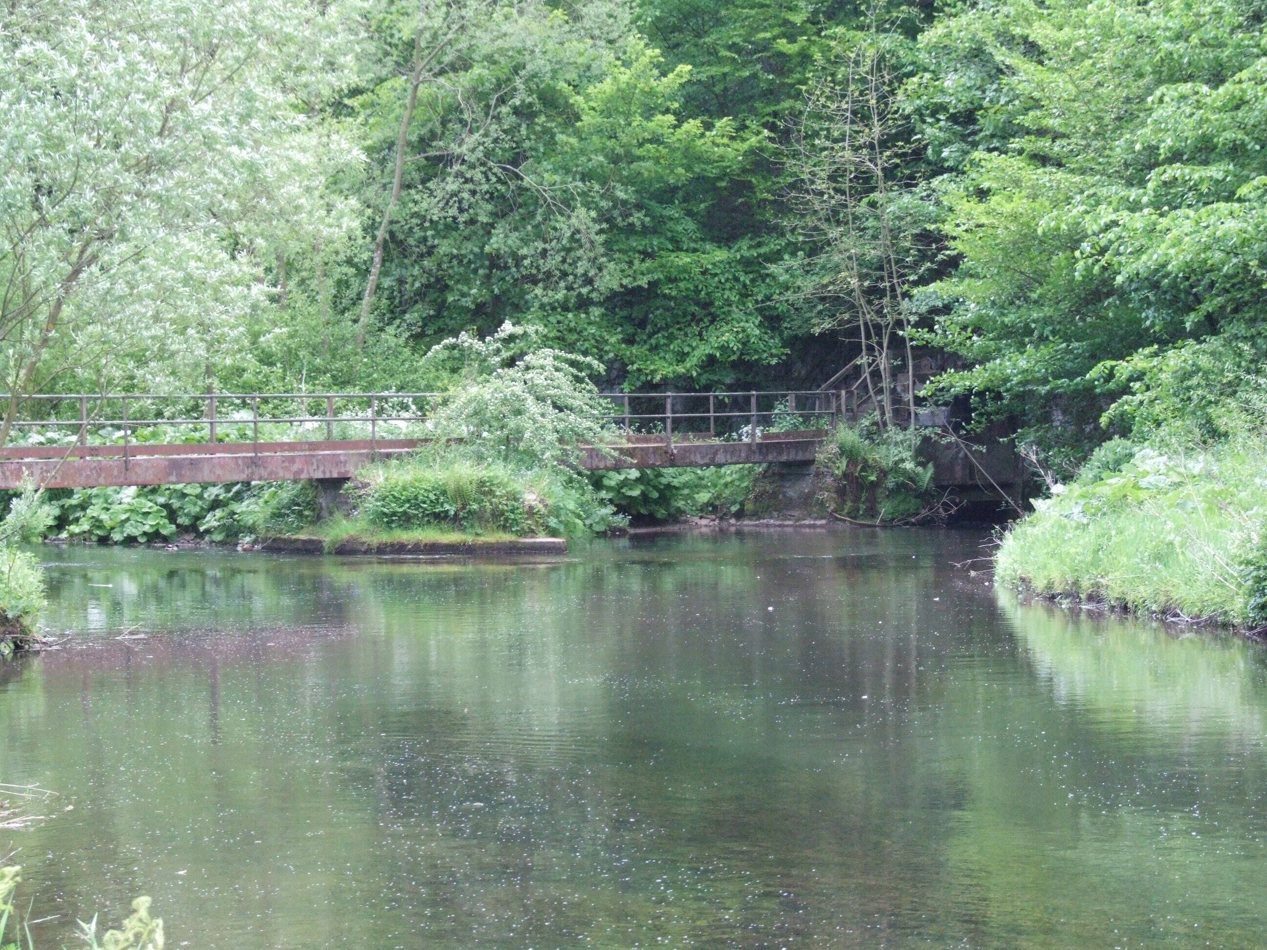 Litton Mill is a small hamlet built round a former cotton mill, in Millers Dale, on the River Wye near Bakewell in the Derbyshire Peak District in the United Kingdom. The footbridge. Camera location 53° 15′ 14.4″ N, 1° 45′ 46.8″ W View this and other nearby images on: OpenStreetMap - Google Earth 53.254000; -1.763000
