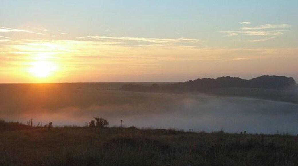 Sunrise on the downs, Mere Looking across a mist-filled Aucombe Bottom, one of a series of combes on the scarp above Mere. A blanket of mist seemed to stretch for many miles across the comparatively flat country to the south.