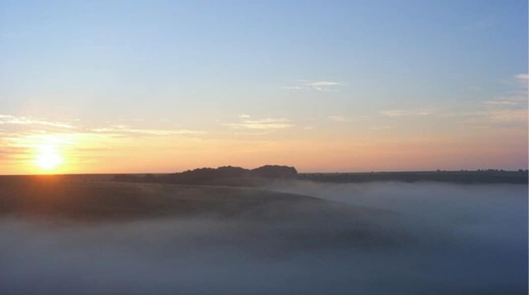 Sunrise over misty downland, Mere Mist was sitting in the complex series of dry valleys on the downs at Mere. This view initially looks across Aucombe Bottom towards a beechwood on Woodlands Hill.