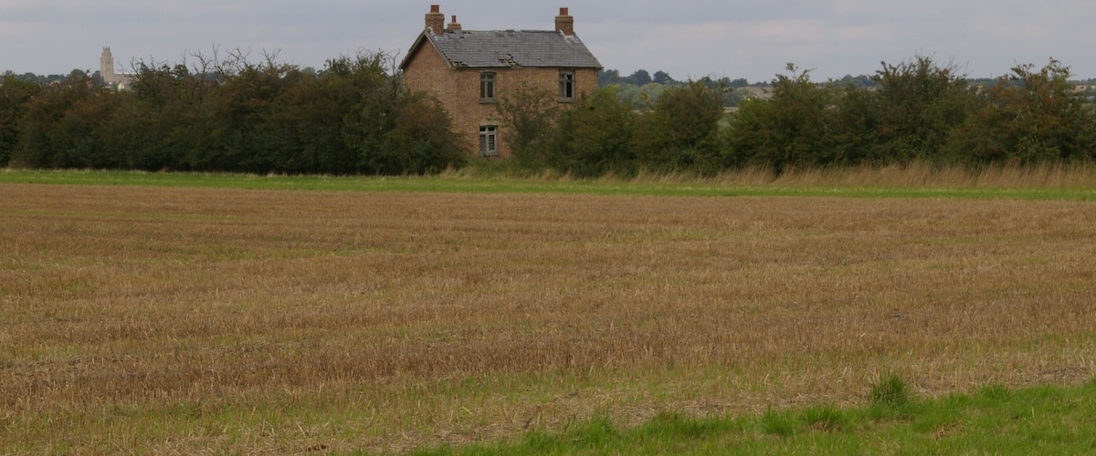 A rural landscape with a brick house surrounded by a field and dense trees.