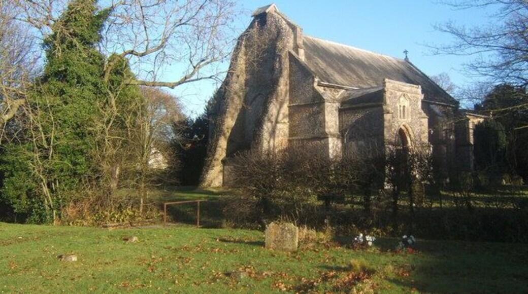 St Mary's Church, Mellis Showing the remarkable buttresses at the west end. The porch is also distinctive.