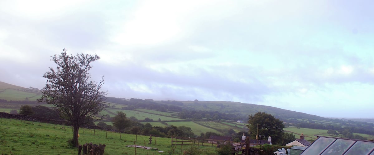 A rural landscape with rolling hills, a solitary tree, a wooden fence, and a greenhouse.