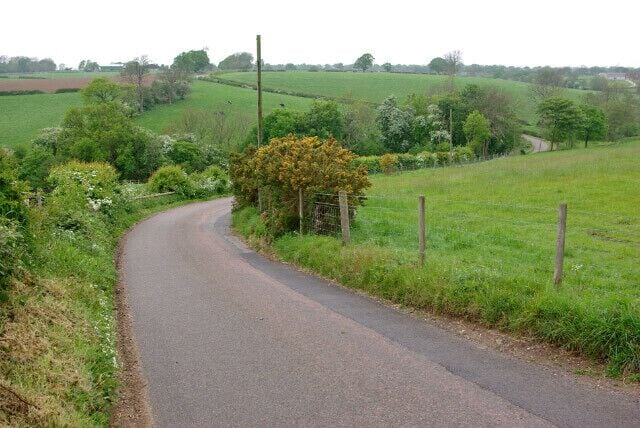 A narrow rural road curving through green fields with a fence on one side and a tree on the other.