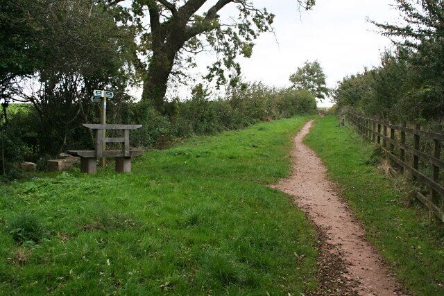 Un sendero de tierra bordeado por hierba y árboles, que conduce a una mesa de picnic con un letrero.