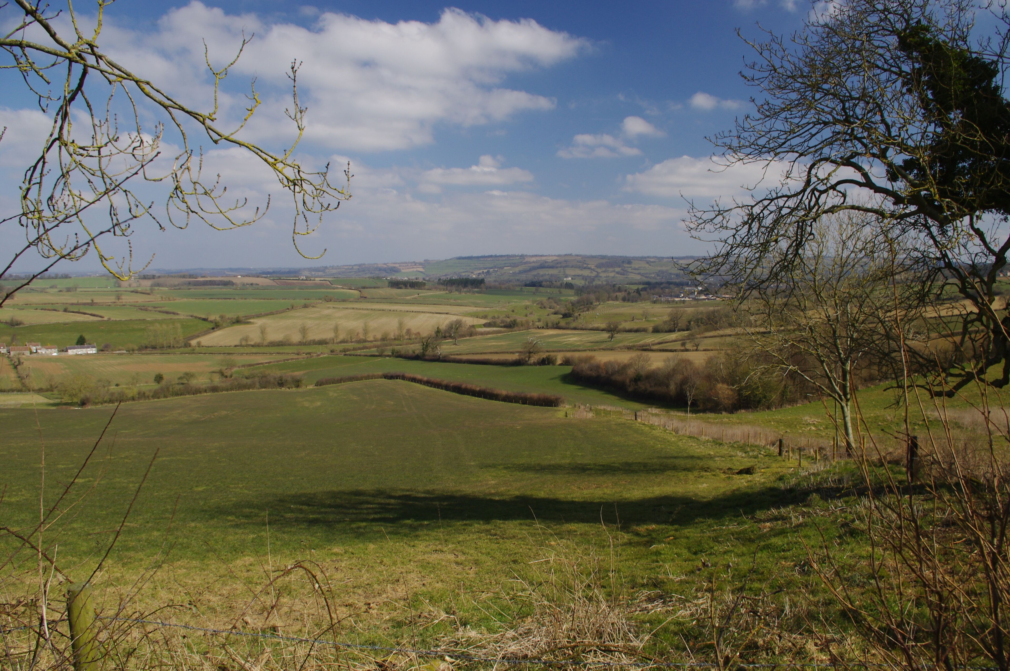 A rural landscape with rolling green fields, a distant house, and a clear blue sky.