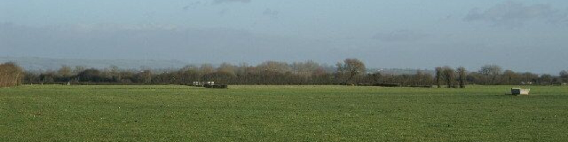 A vast green field with a few scattered buildings and trees in the distance.