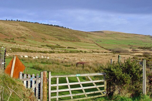 Meadows at the foot of the Preseli On the right-centre horizon is Foel Cwmcerwyn, the highest point (536 m) in the Preseli hills.