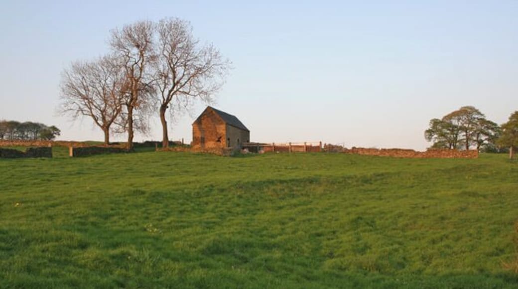 Farmland near Fawfieldhead. The last of the evening sun touches the stone with a mellow golden hue.
