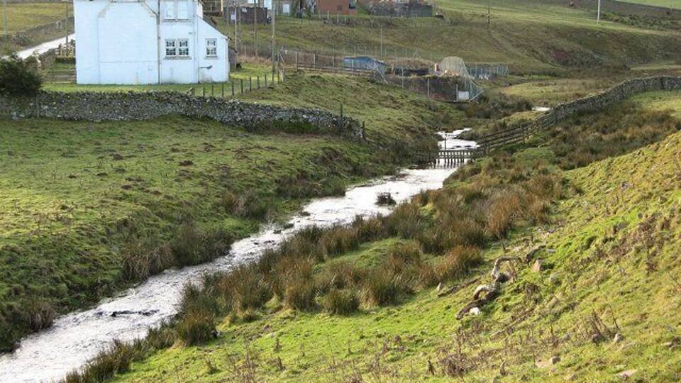 Watch Water Burn with waterworks. The waterworks, once belonging to Berwickshire County Council serve the Watch Water Reservoir and are now being upgraded.