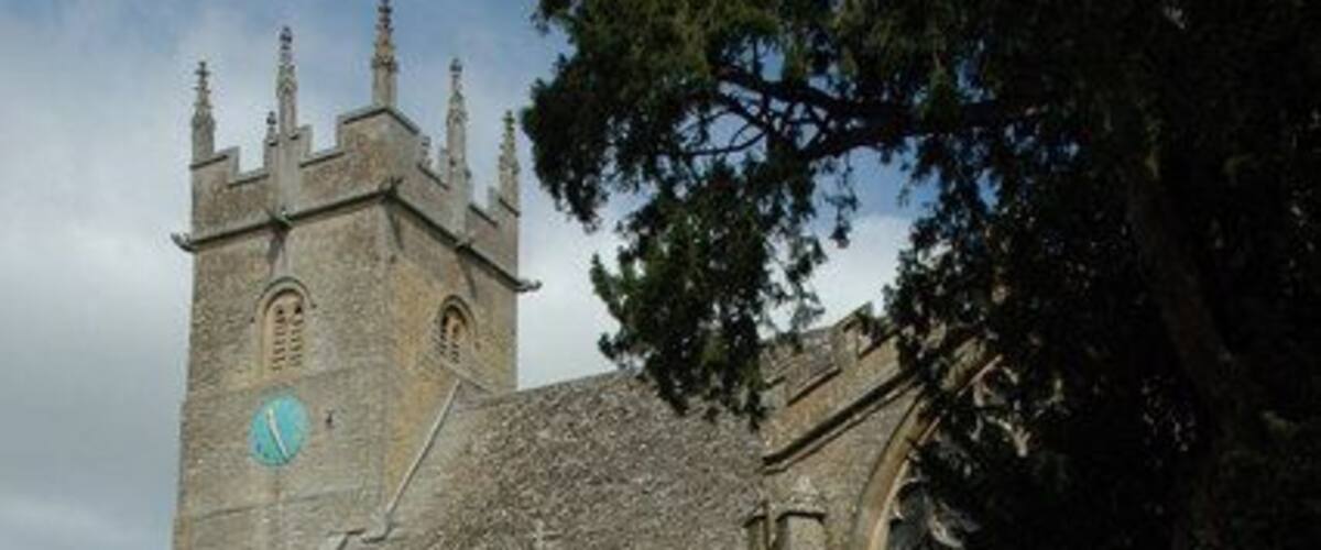 West tower and south porch of St James parish church, Longborough, Gloucestershire, seen from the southeast
