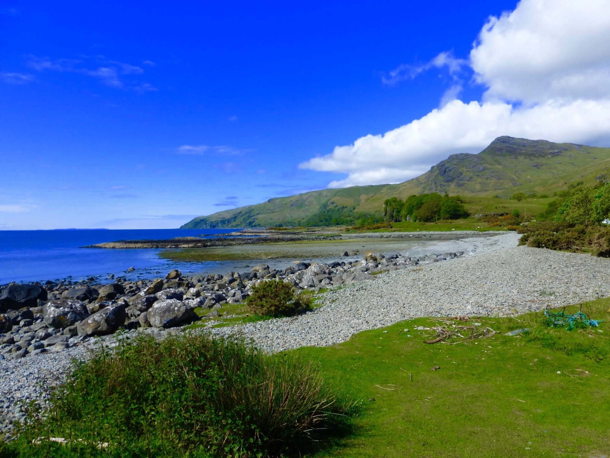 A rocky shoreline with a grassy foreground, a clear blue sky, and distant mountains.