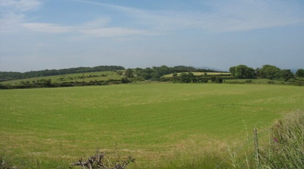 View south-westwards across farmland towards the woodlands of Garreglwyd