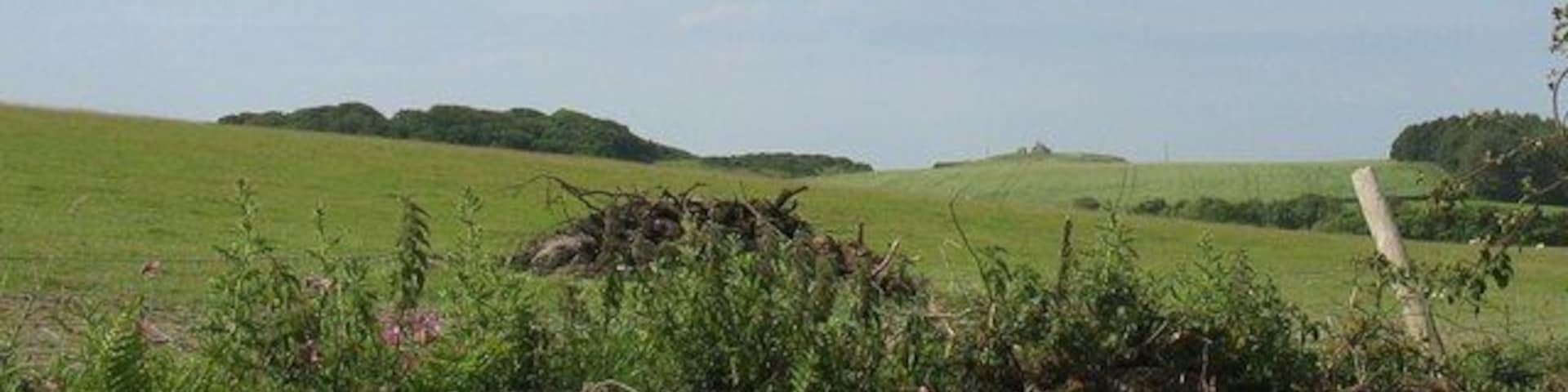 Undulating terrain north of Garreglwyd mansion The ruin on the furthest hill is that of the Old Semaphore/Telegraph Station.